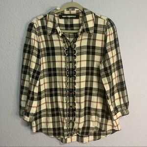 Karl Lagerfeld Plaid Button Up Ruffle 3/4 Sleeves Top